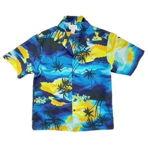 Helenas Mens Size Medium Vintage Hawaiian Blue Yellow Floral Button Down Shirt